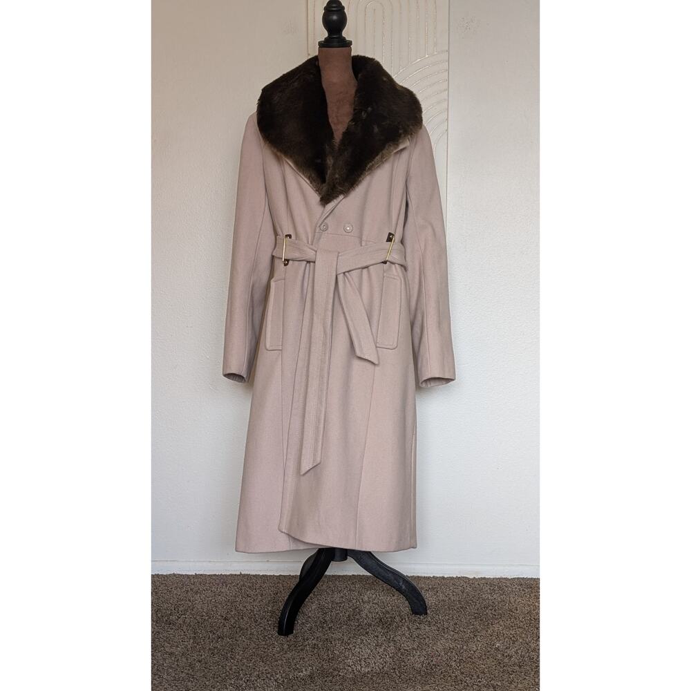 Worthington Beige Wool Coat Removable Faux Fur Collar Belted Gold XL